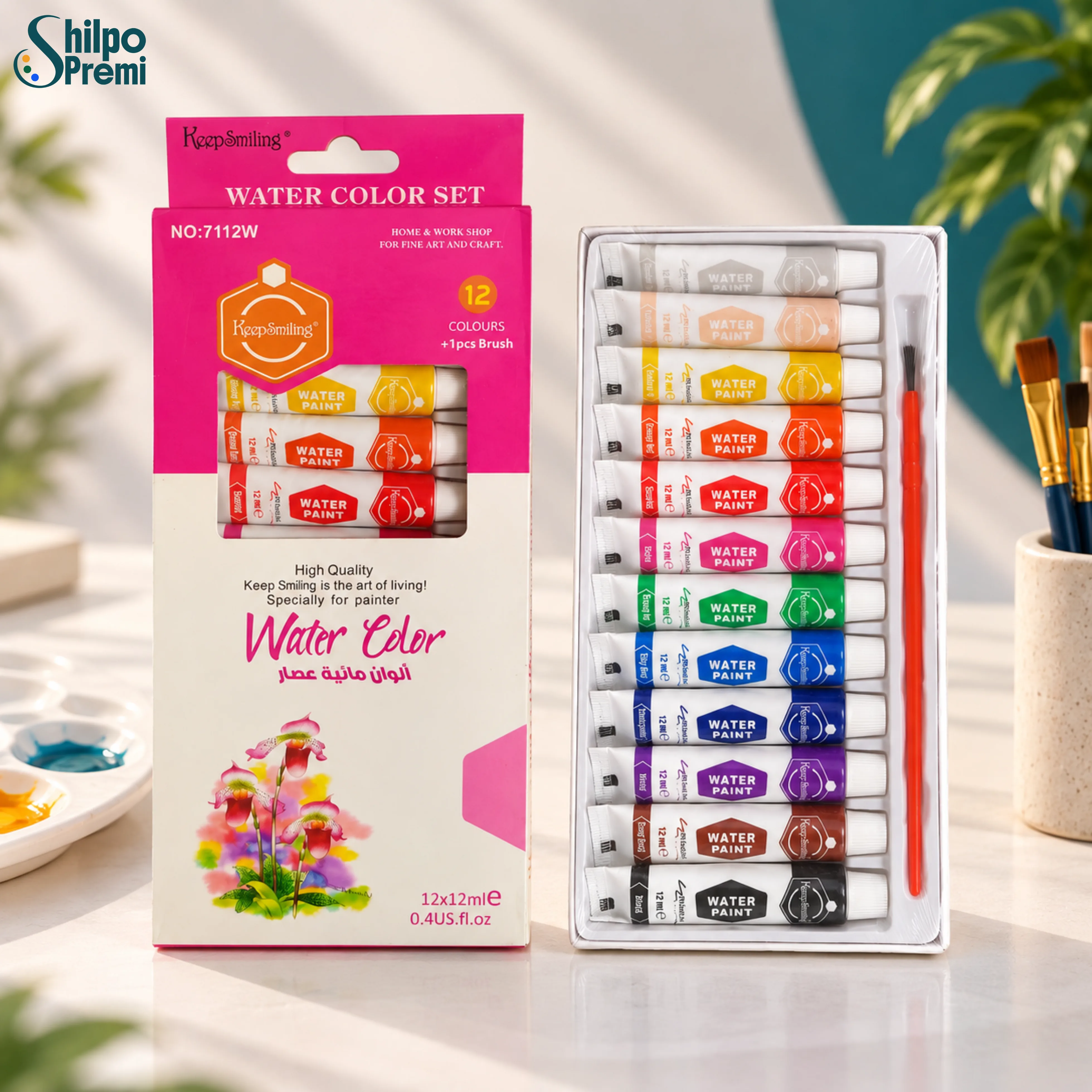 Keep Smiling Water Color Set – 12 Colors × 12ml + Brush (7112W)
