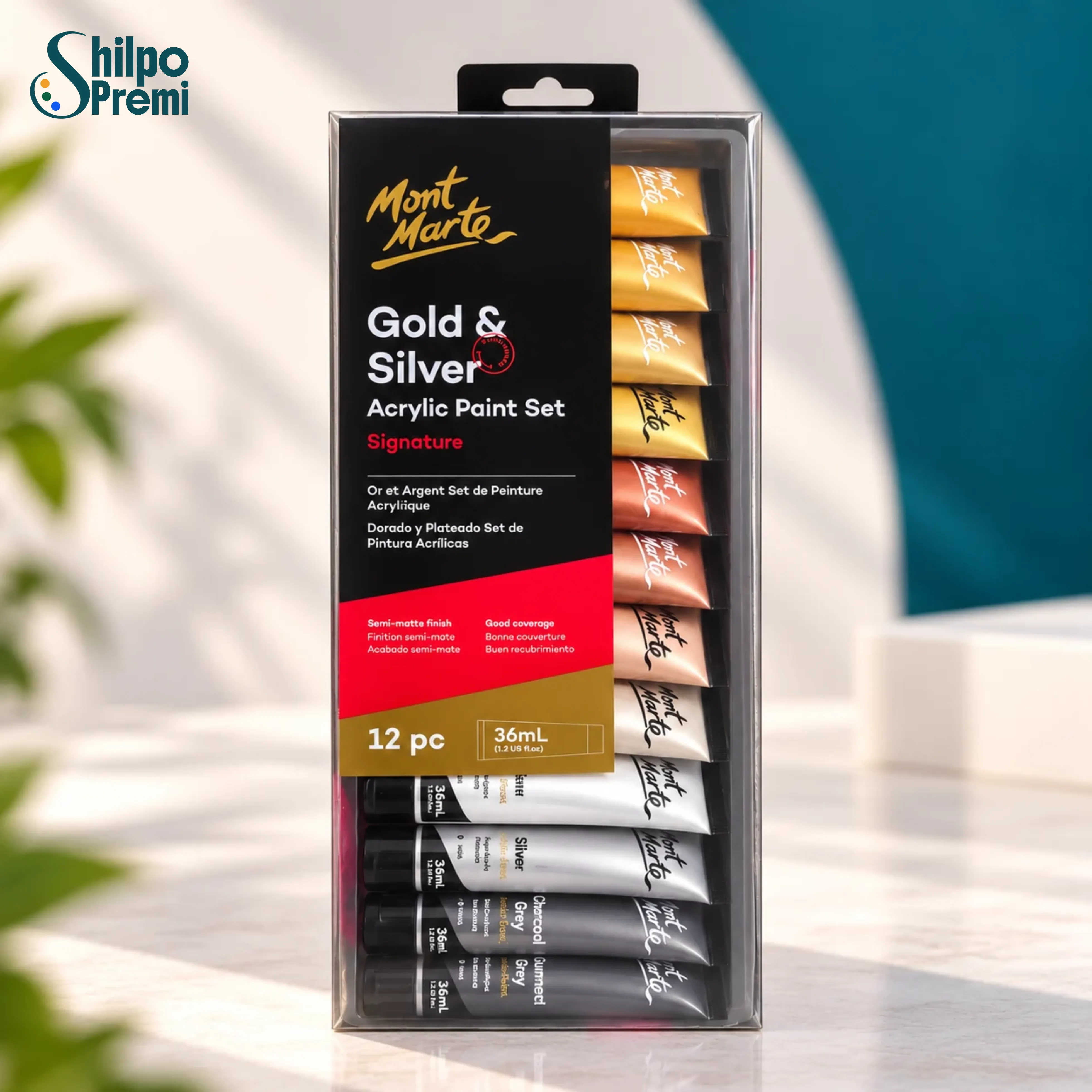 Mont Marte Signature Gold & Silver Acrylic Paint Set – 12 × 36ml
